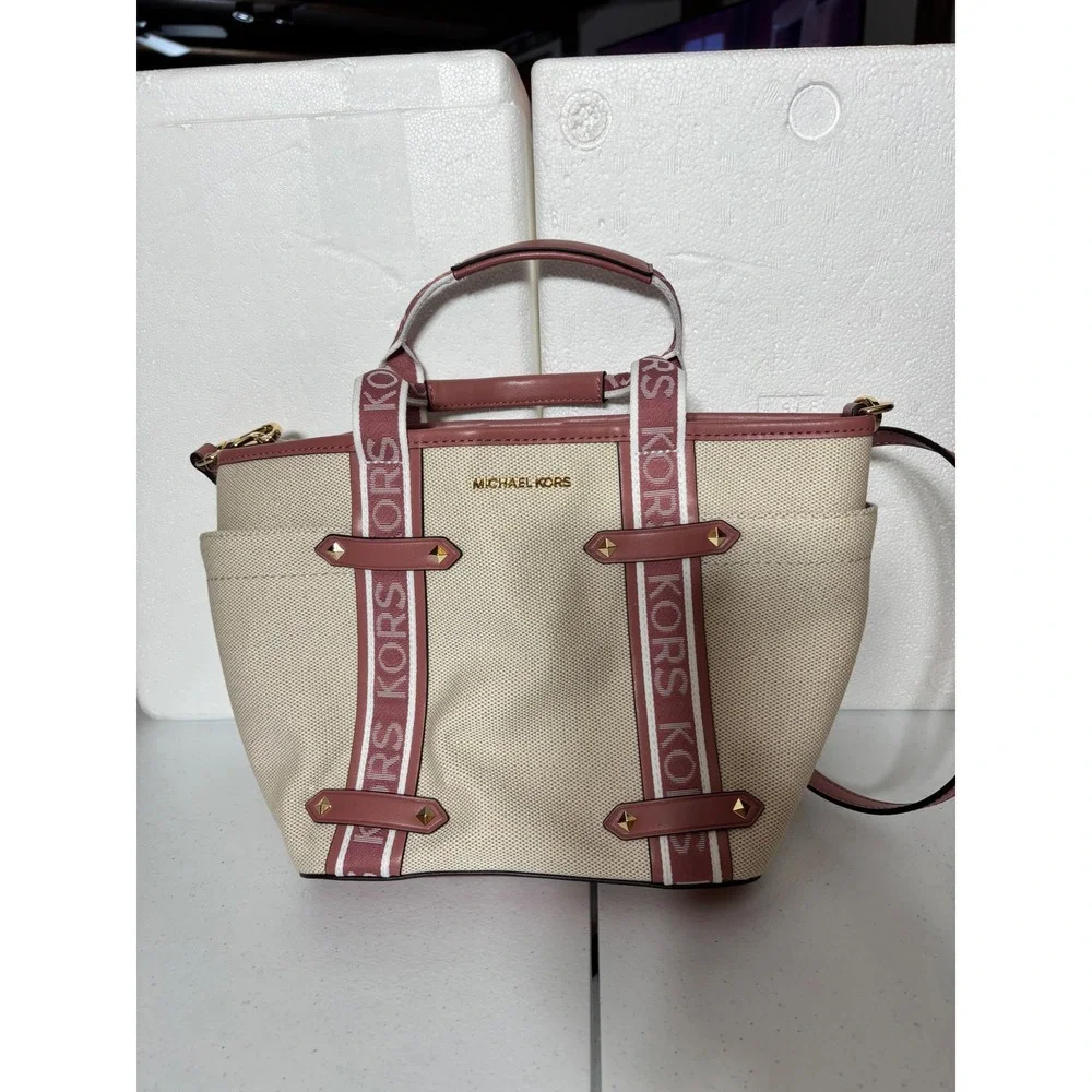 Michael Kors Tote Bag‎ Canvas Leather Trim Logo Straps Pink Gold NEW